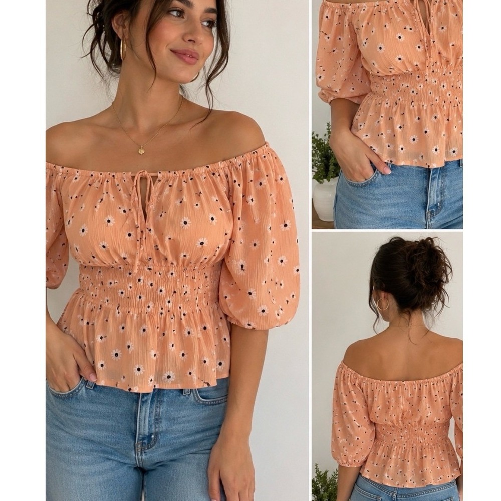Sim & Sam Peplum Top Womens L Daisy Coral NWT Smocked Off The Shoulder 163606BL
